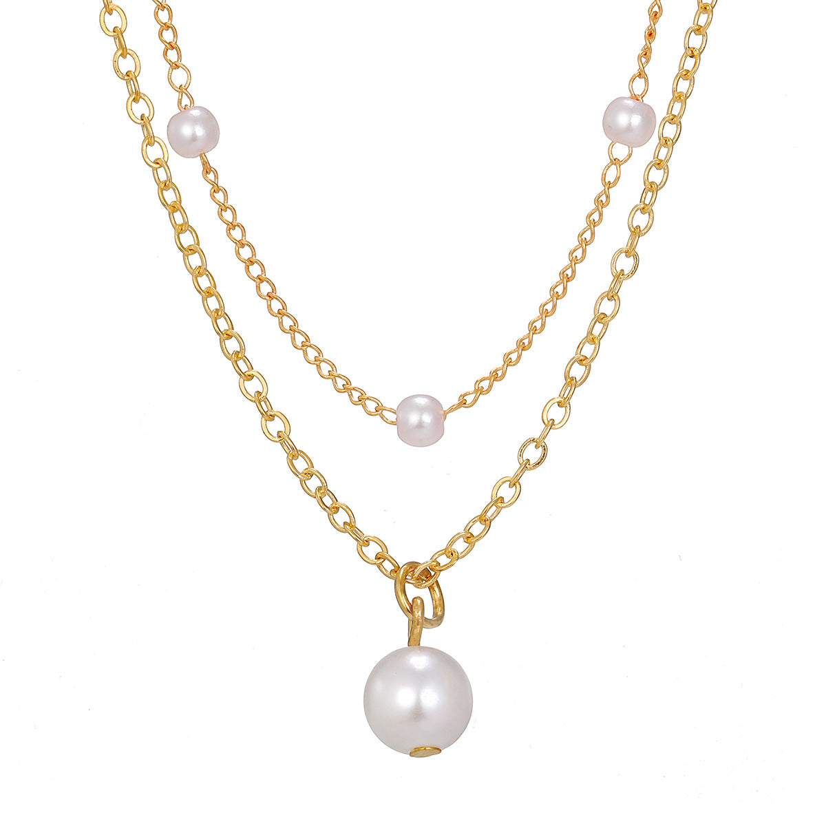 Two gold necklaces with pearl pendants on a white background
