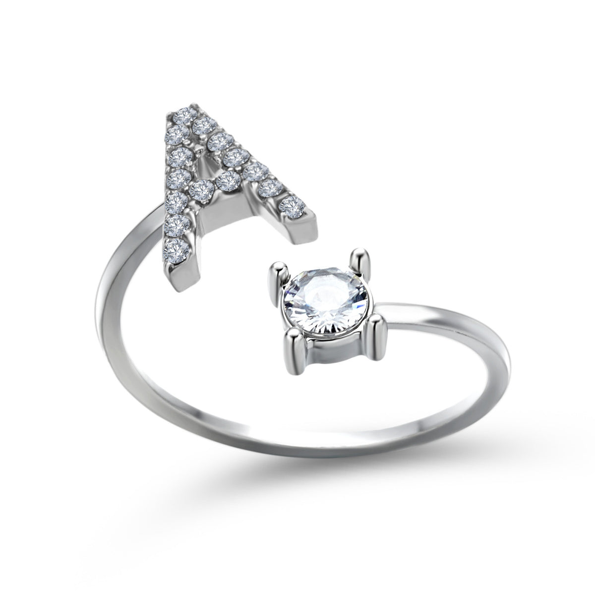 A silver-toned open band ring featuring a large, open letter 'A' paved with small clear stones and a separate round clear gemstone in a prong setting, shown on a white background.