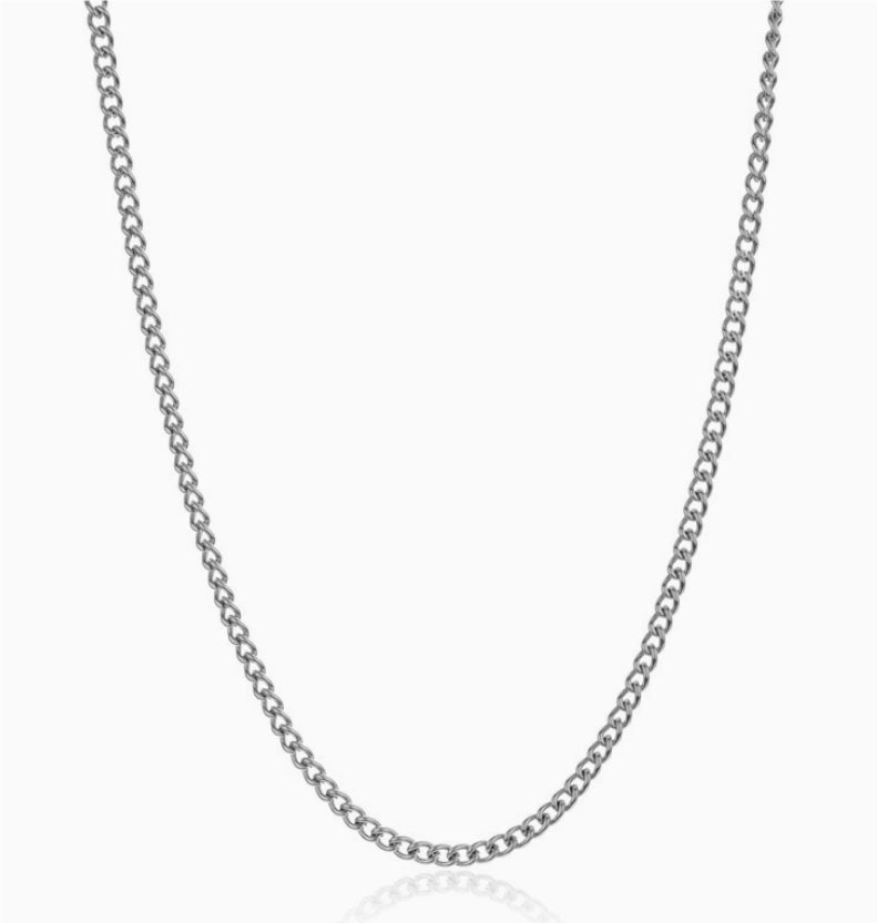 Silver chain necklace on a white background